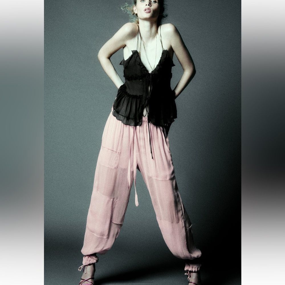 Zara blush semi sheer cargo pants, M/L, elastic